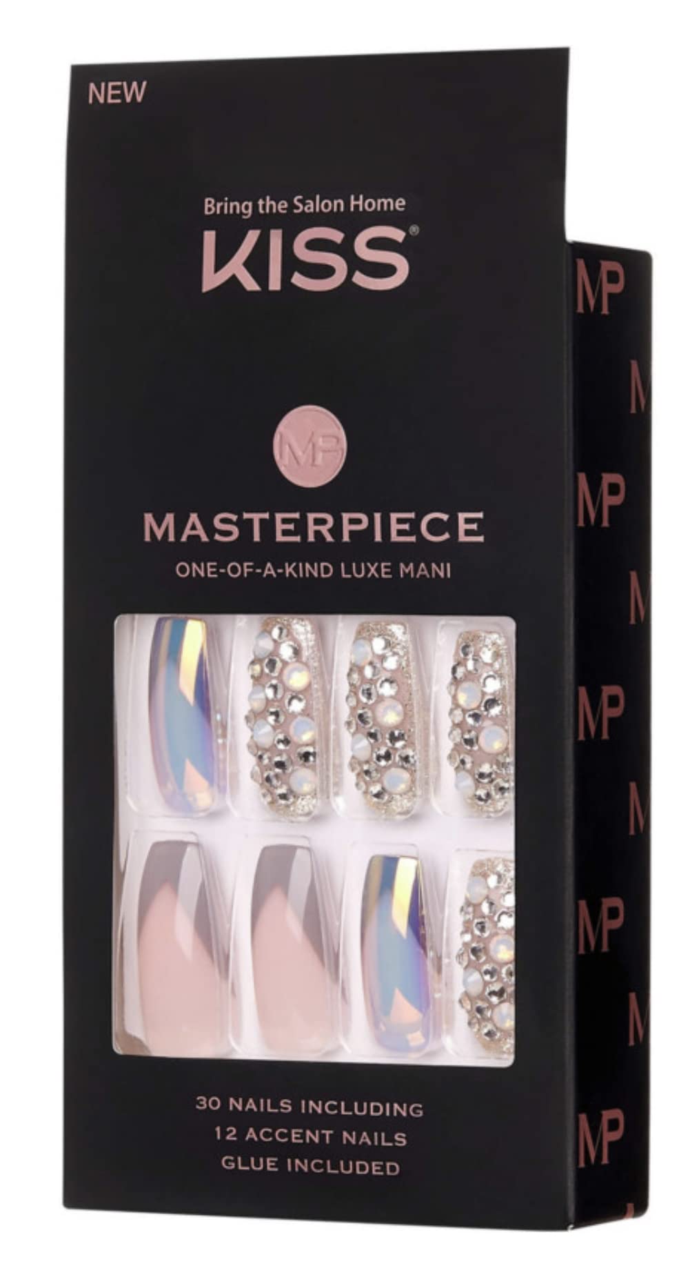 KISS Masterpiece One-Of-A-Kind Luxe Mani Premium Special Effects Design Coffin Shape Glossy Iridescent Glue-On Long Length Nails with Faux Jewels MP01
