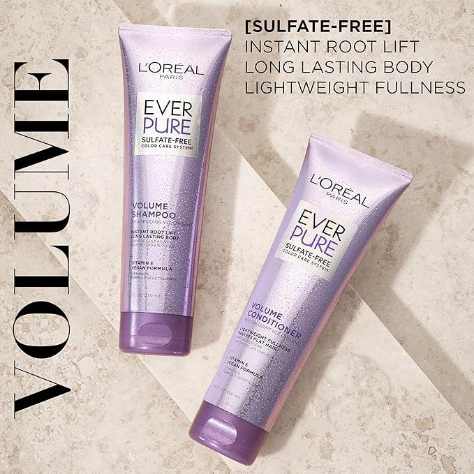 L'Oreal Paris EverPure Volume Sulfate Free Shampoo for Color-Treated Hair, Volume + Shine for Fine, Flat Hair, with Lotus Flower, 2 Count (8.5 Fl; Oz