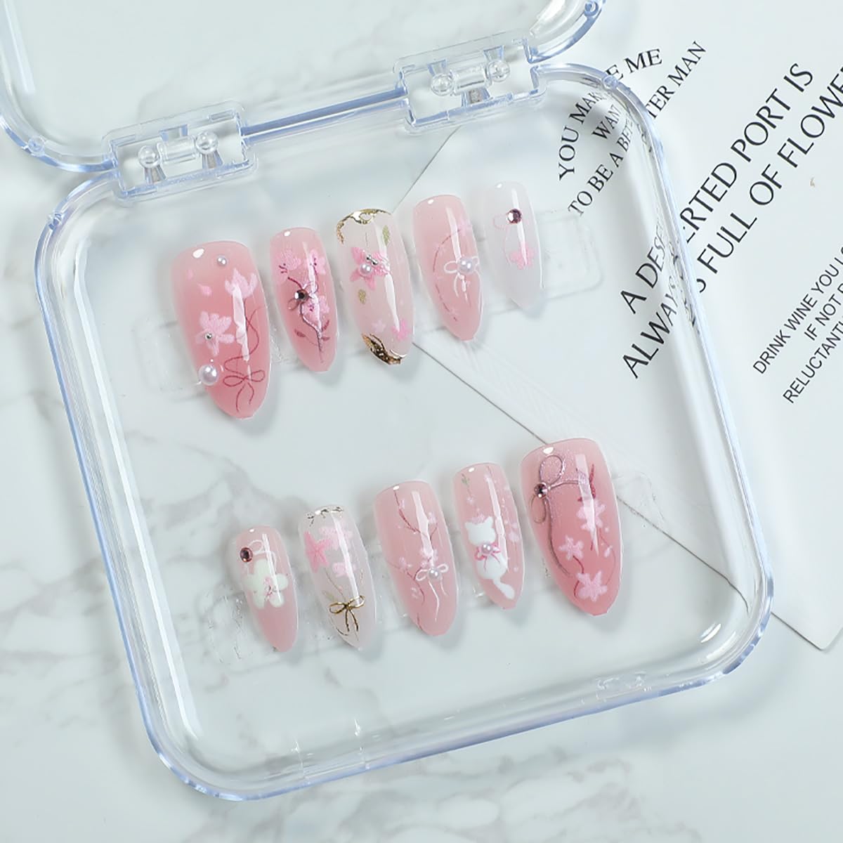 30Pcs Pink Flower Press on Nails Medium Almond Fake Nails Peach Blossom with 3D Rhinestones Pearl Gold Glitter Design Artificial Cute Cat Nails Stick Beauty and Personal Care KRTBKR