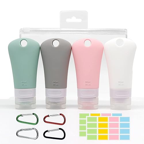 BetterJonny 4 Pcs Silicone Travel Bottles Set, Leak Proof Squeezable Tubes Set with Keychain and EVA Bag - Refillable Travel Accessories for Shampoo