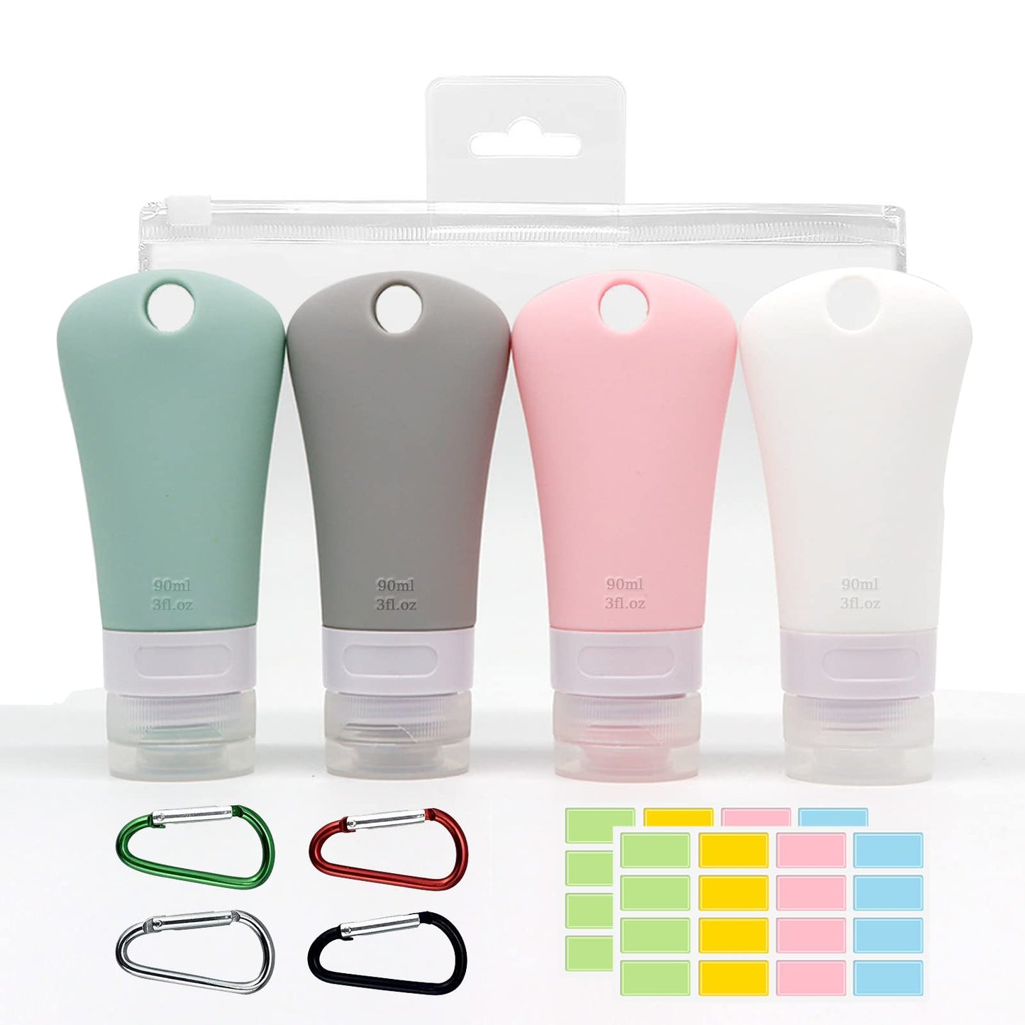BetterJonny 4 Pcs Silicone Travel Bottles Set, Leak Proof Squeezable Tubes Set with Keychain and EVA Bag - Refillable Travel Accessories for Shampoo