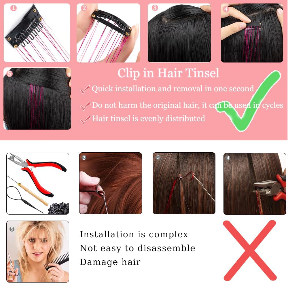 Umylar Clip in Hair Tinsel Kit Pack of 12 Pcs,20 Inch Colorful Glitter Tinsel Hair Extensions, Festival Gift Tinsel Fairy Hair Extension Party Dazzle Beauty and Personal Care Umylar