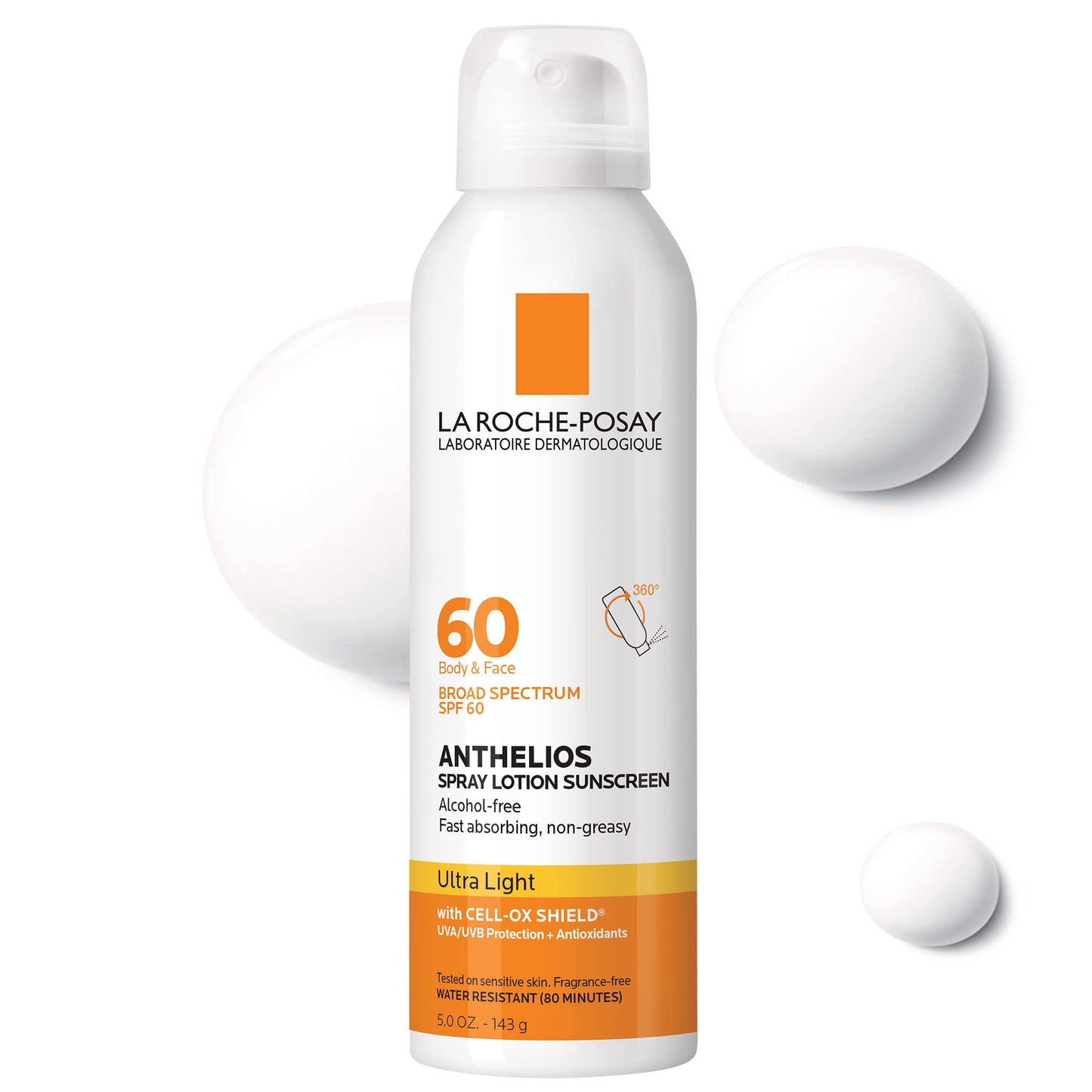 La Roche-Posay Anthelios Ultra-Light Sunscreen Spray Lotion SPF 60, Spray Sunscreen For Face & Body, Broad Spectrum SPF + Antioxidants, Oil Free