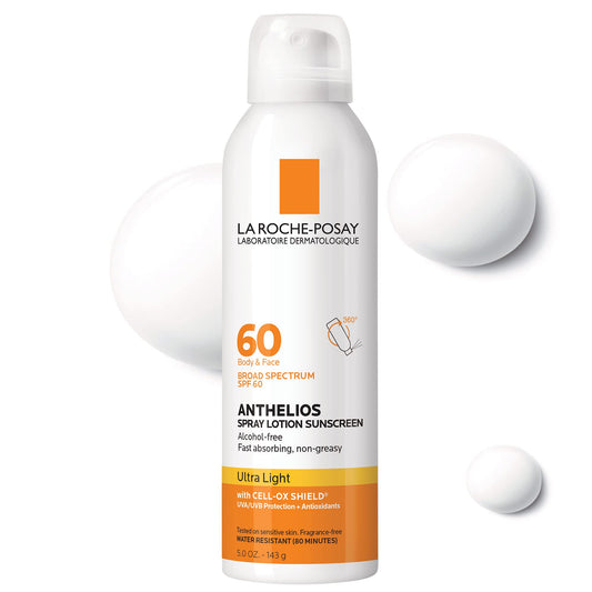 La Roche-Posay Anthelios Ultra-Light Sunscreen Spray Lotion SPF 60, Spray Sunscreen For Face & Body, Broad Spectrum SPF + Antioxidants, Oil Free
