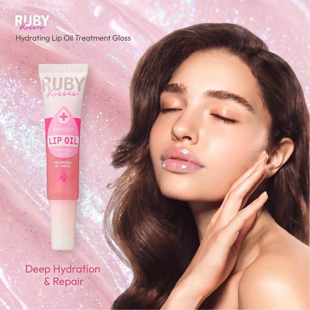 Ruby Kisses Hydrating Lip Oil Treatment Gloss with Rosehip Oil (3 Pack), Moisturizing Natural Shine Lip Care Protects & Heals with Vitamins,