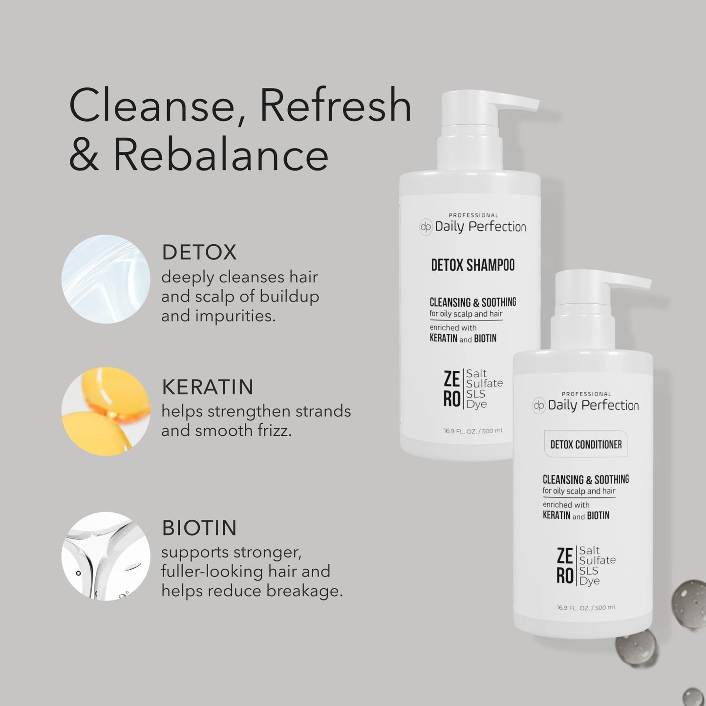 Daily Perfection Detox Shampoo and Conditioner Set - Cleansing, Soothing Clarifying Hair Care Duo with Biotin and Keratin for Oily Scalp - Salt