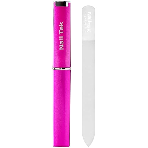 Nail Tek Crystal File - Glass Nail File with Case, Durable and Gentle for Healthy Nails and Cuticles - Travel-Friendly Design, Fuchsia, Medium 5"