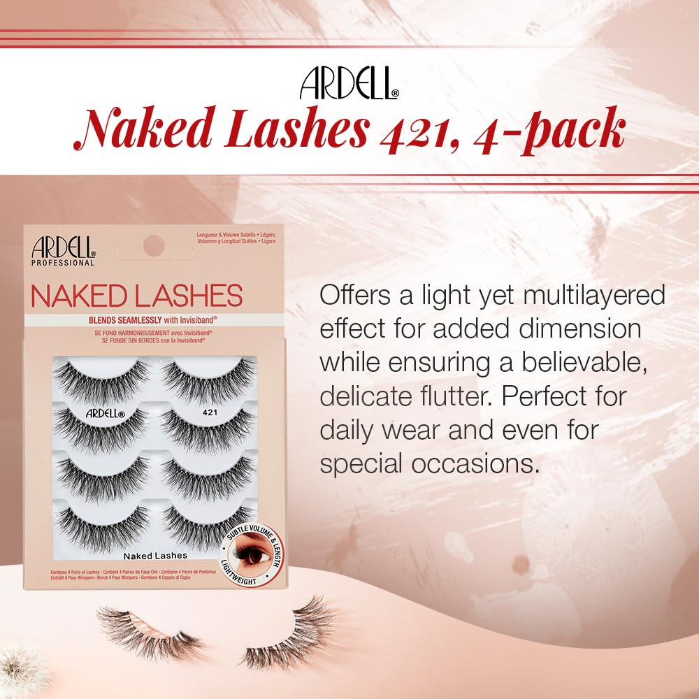 Ardell Naked Strip Lashes 421 - Natural-Looking, Long-Lasting False Eyelashes with Invisiband for Seamless Blend, 4 Pairs, 1-Pack