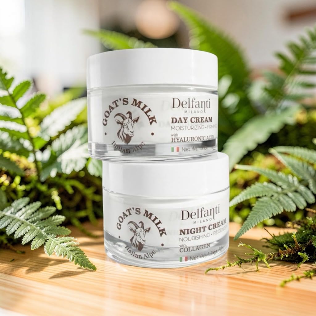 Delfanti-Milano • FULL SIZE DUO PACK • GOAT'S MILK with HYALURONIC ACID Day Cream and GOAT'S MILK with COLLAGEN Night Cream • Face and Neck