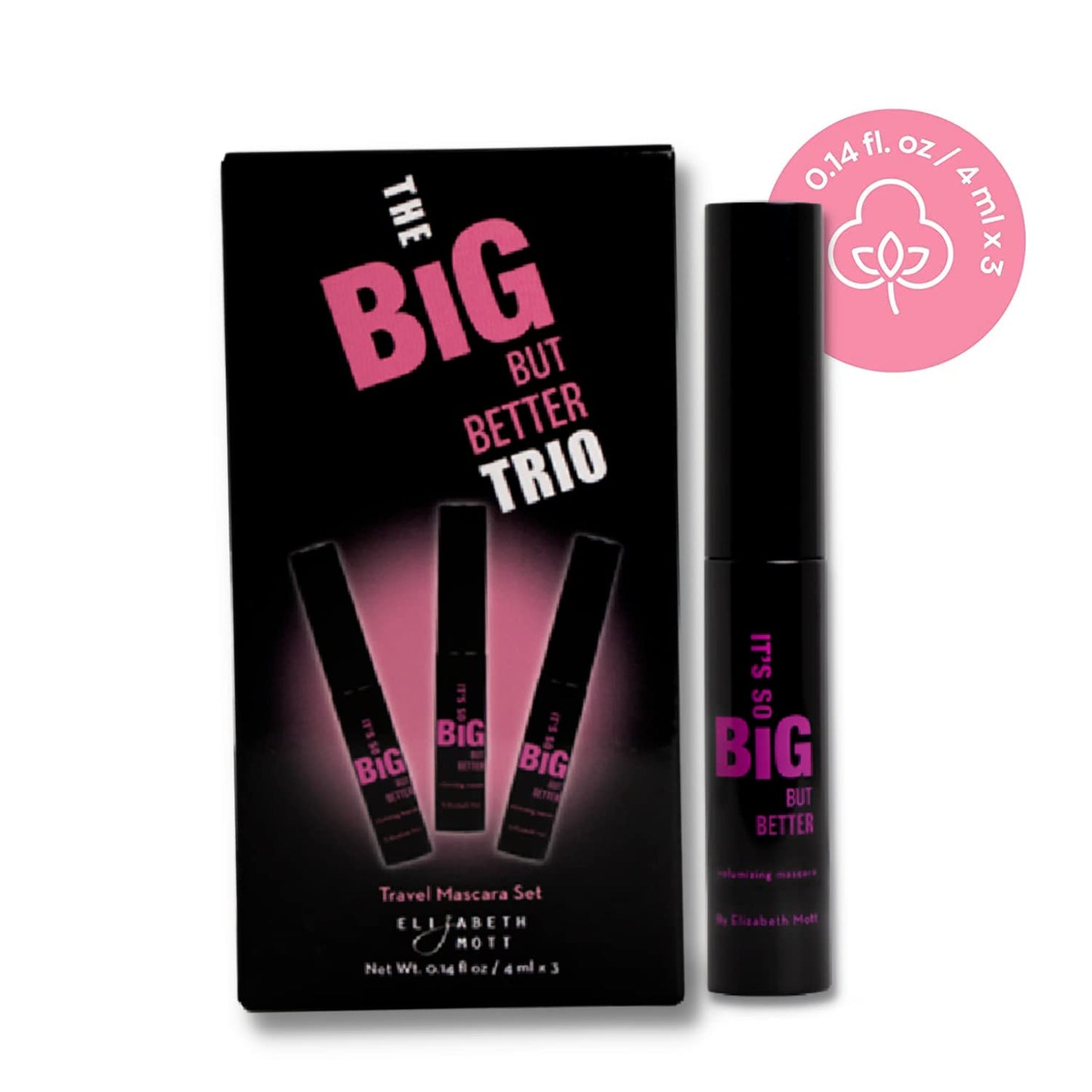 Elizabeth Mott Black Volumizing Mascara Set - Smudge-Proof, Water-Resistant, Lengthening Fiber Formula with Hourglass Wand - Cruelty-Free, Safe