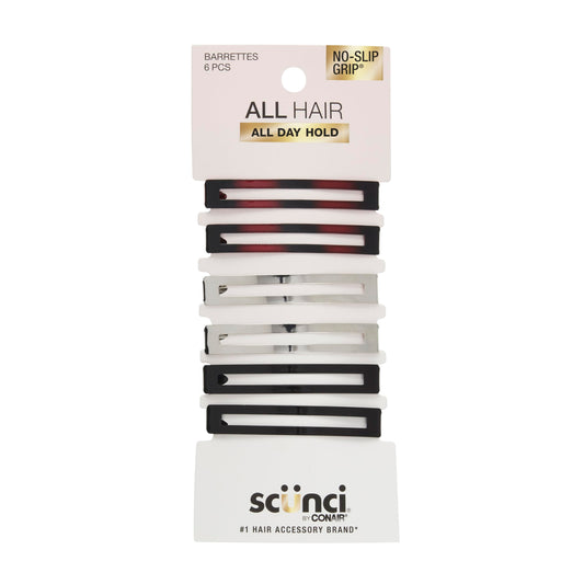 Scunci by Conair No-Slip Grip Stay Tight Barrettes - hair barrettes for women - hair accessories for women - Assorted Neutral Metallic Colors - 6