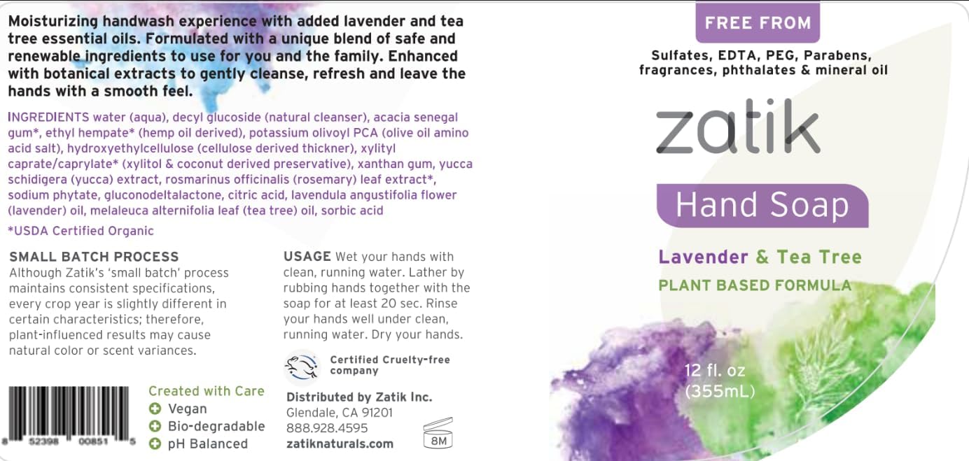 Zatik Naturals - Liquid Hand Soap with Lavender & Tea Tree, Moisturizing Handwash, Grey Water Safe, 12 fl oz (Pack of 6) Beauty & Personal Care Zatik