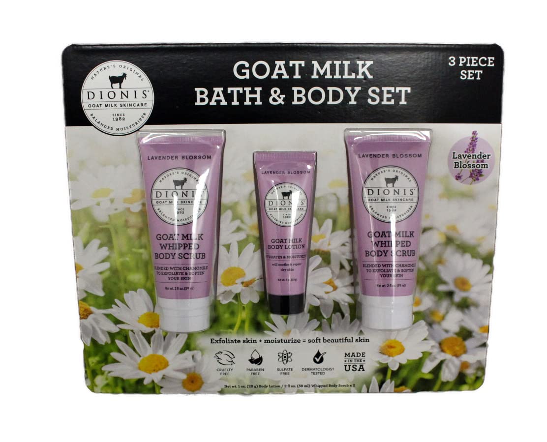 Dionis Goat Milk Bath & Body Set, 3 Piece Set - 1 oz. Body Lotion / 2 fl oz. Whipped Body Scrub x2, Cruelty & Paraben Free, Dermatologist Tested
