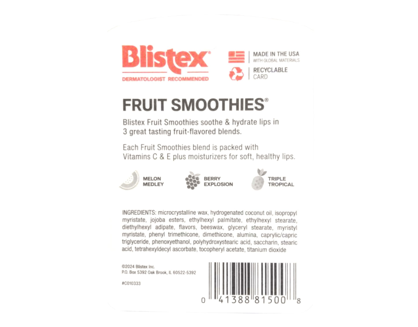 Blistex Fruit Smoothies Lip Moisturizers 3 Sticks 0.10 oz each Pack of 4