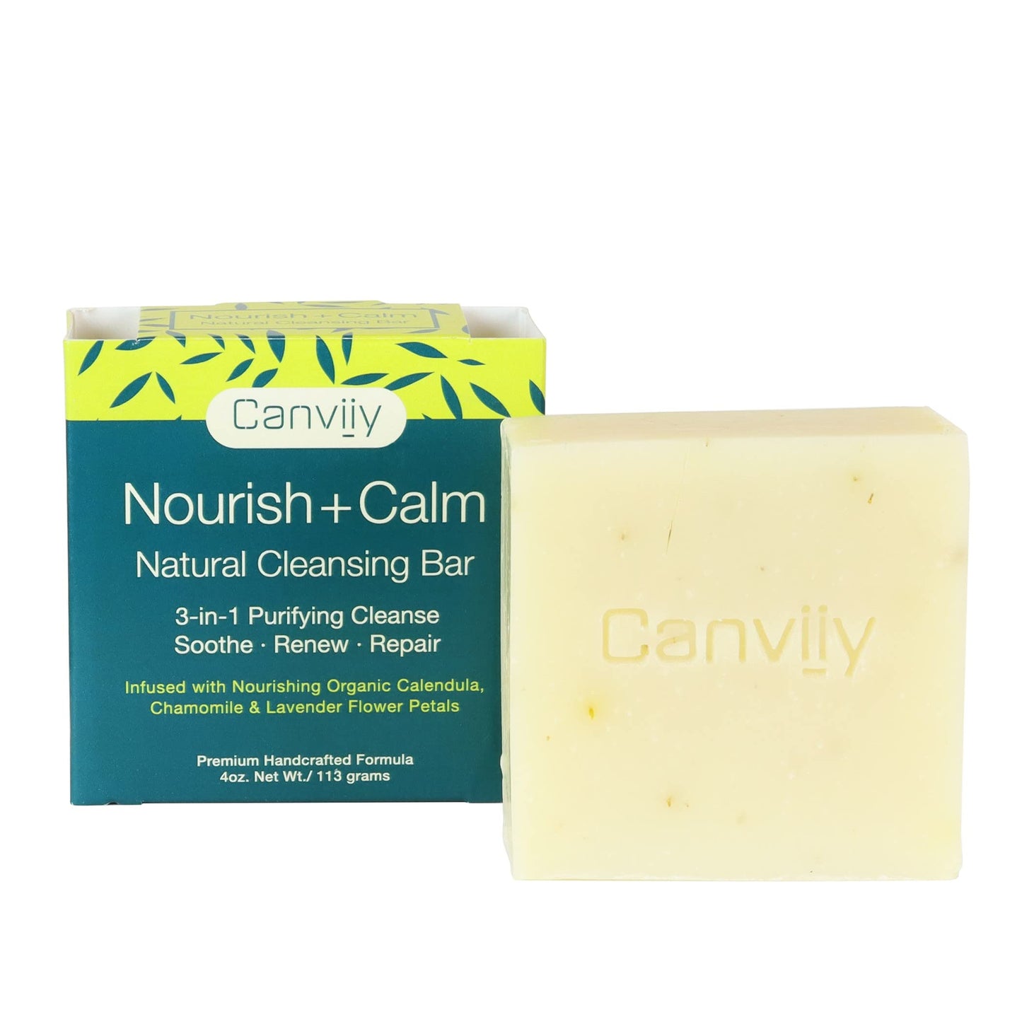 Canviiy 3-in-1 Purifying Nourish + Calm Natural Cleansing Bar, Infused with Calendula, Chamomile, Peppermint Oil, Witch Hazel and Lavender Petals