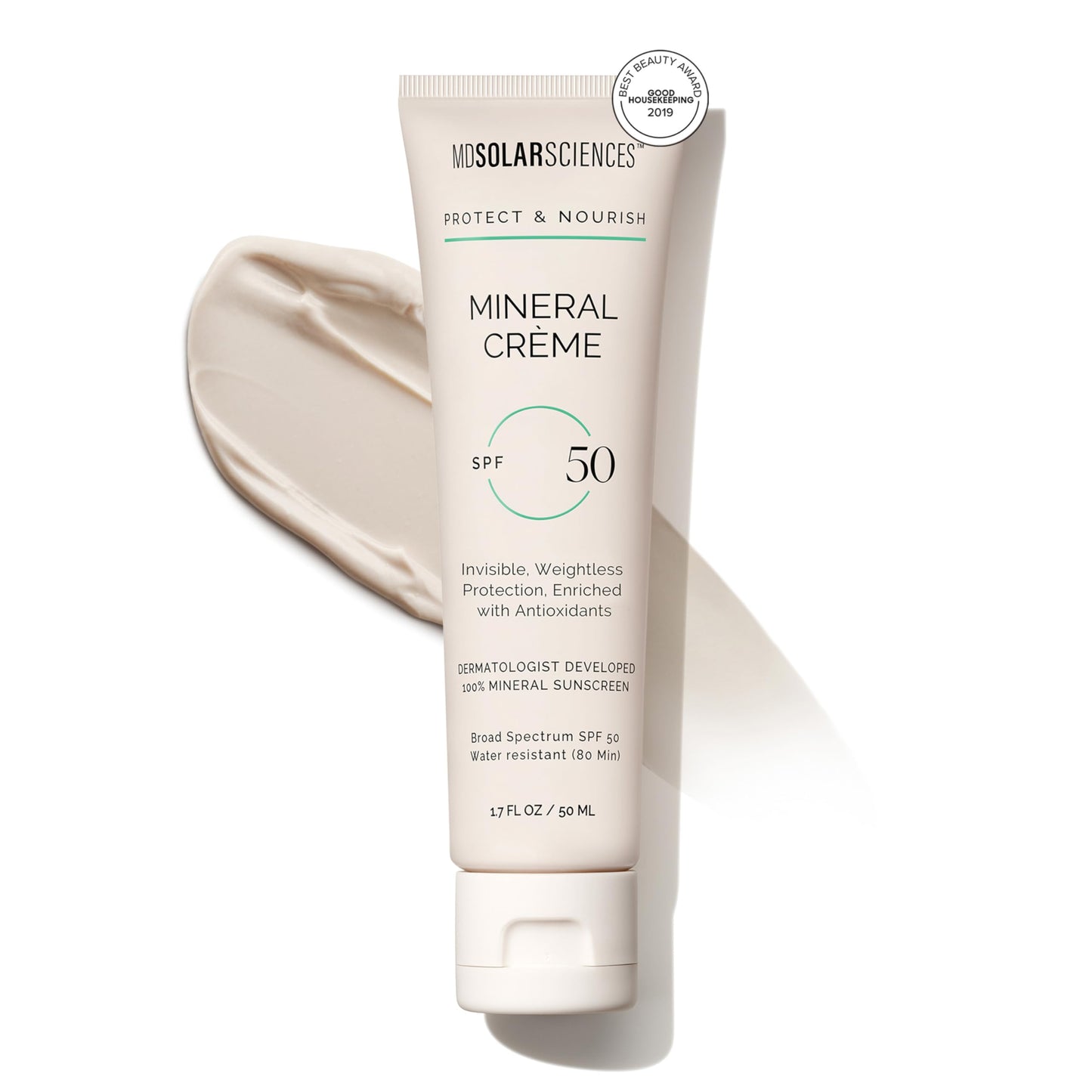 MDSolarSciences Mineral Crème Sunscreen SPF 50 | Water-Resistant, Broad Spectrum UV Protection | Zinc Oxide Formula with Antioxidants | No White Cast