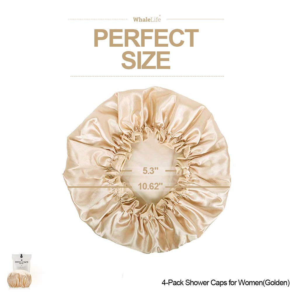 Shower Cap for Women Reusable Extra Large Shower Cap for Men (Golden 4 Pack Large) Satin Double Layer EVA Waterproof Long Hair Cap