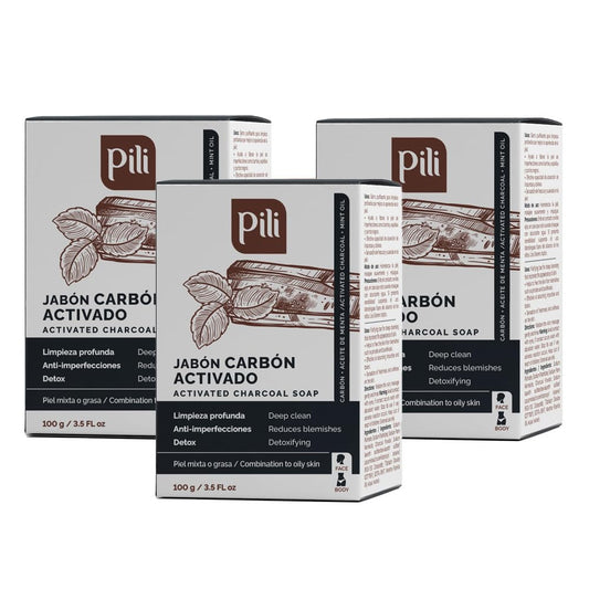Pili Natural Activated Charcoal Detoxifying Soap Bars with Peppermint Oil (3 Pack) for Face and Body for Men, Women and Teens