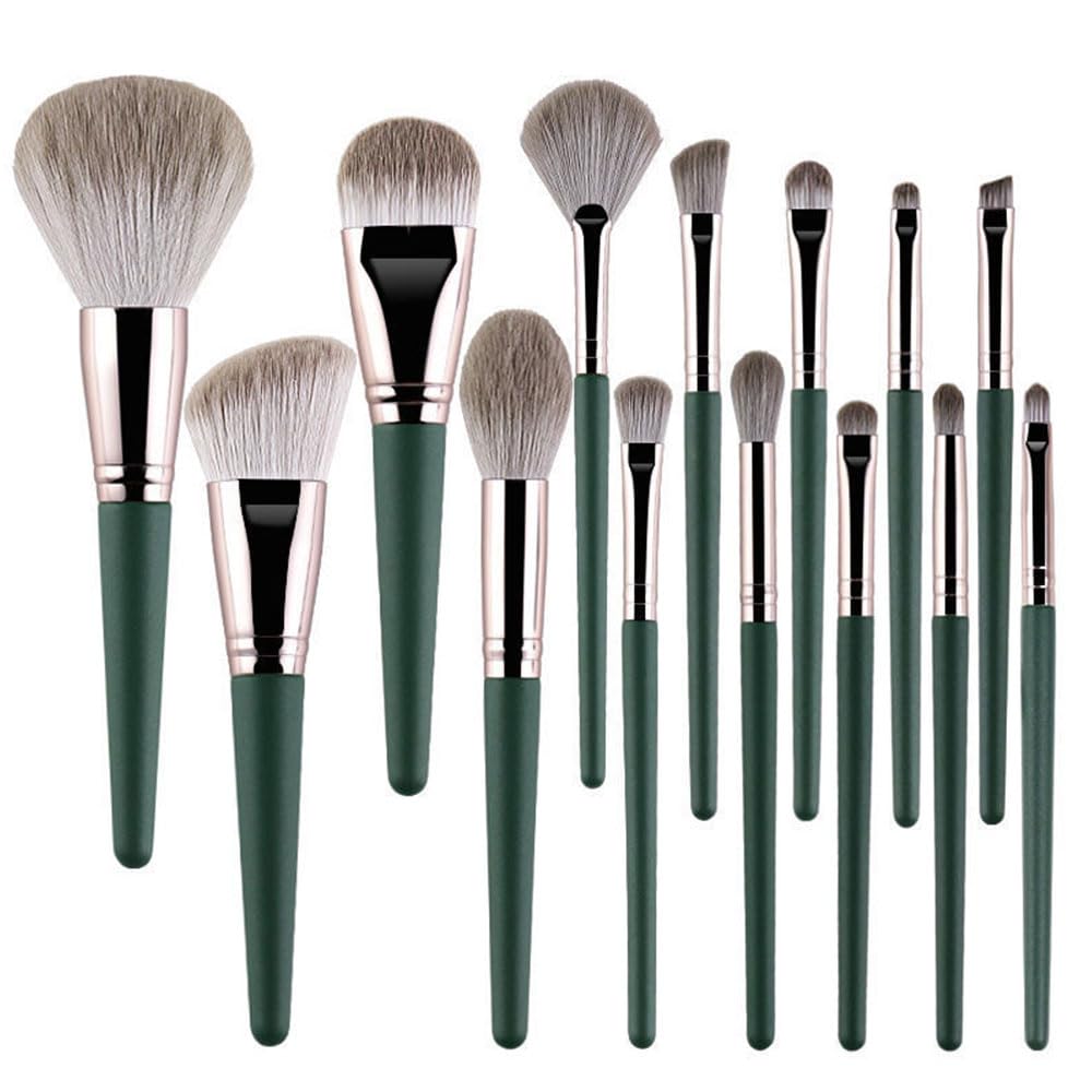 Makeup Brushes 14-Piece Set – Premium Synthetic Cosmetic Brushes for Foundation, Blush, Concealer & Eyeshadow, Travel Bag Included, Green