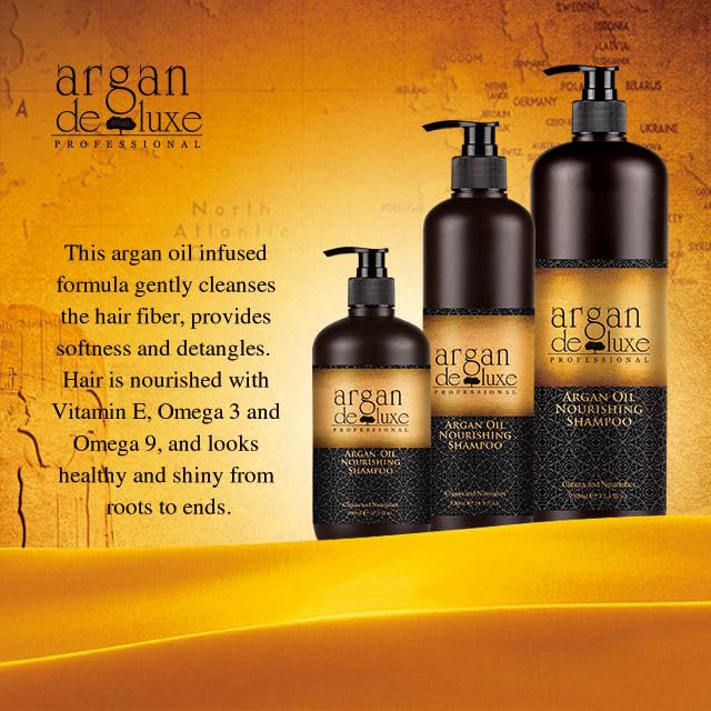 Argan Deluxe Professional Argan Oil Nourishing Hair Care Set for All Hair Types, Shampoo 500ml, Conditioner 500ml, Serum and Body Oil 50ml, 3 Piece