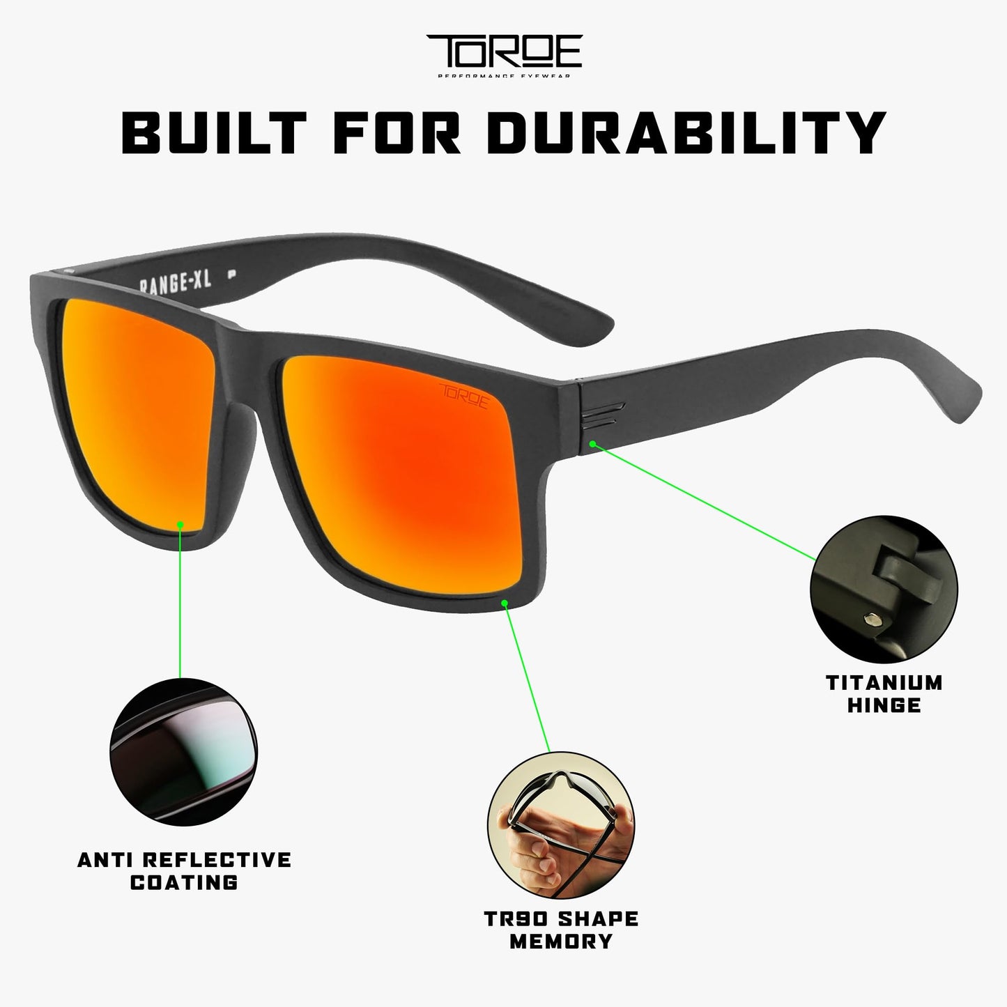 TOROE Eyewear Matte Black RANGE XL Frame Sunglasses Light Weight TR90 Frame, Polarized Polycarbonate Lens (Matte Black | Black Emblem, Fire Red (C3))