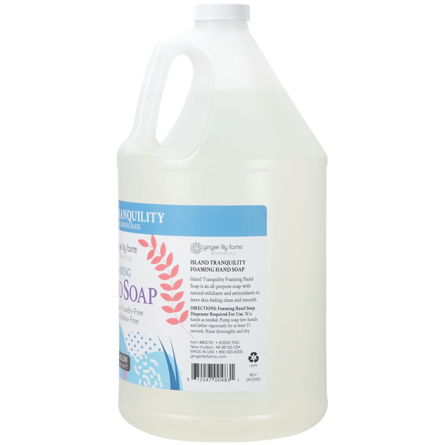 Ginger Lily Farms Botanicals All-Purpose Foaming Hand Soap Refill, Island Tranquility, 100% Vegan & Cruelty-Free, Green Tea Lemongrass Scent, 1 Gallon