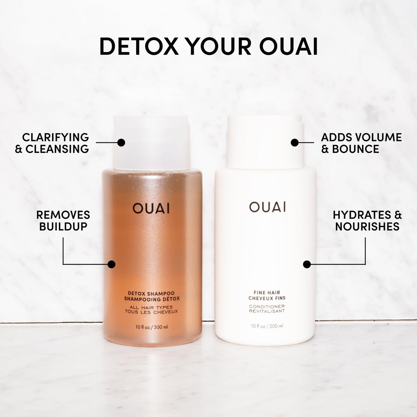 OUAI Detox Shampoo & Fine Hair Conditioner Bundle - Clarifying Shampoo for Build Up, Dirt, Oil, Product and Hard Water & Volumizing Conditioner