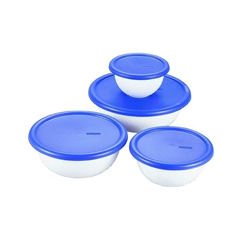 Sterilite plastic 8 Piece Covered Set Bowl, Multisize, White & Blue,2.5 liters