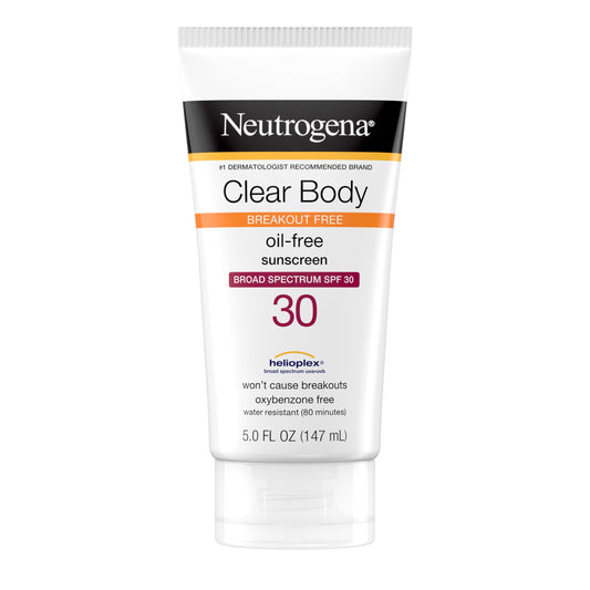 Neutrogena Clear Body Breakout-Free Liquid Sunscreen Lotion for Acne-Prone Skin, Oil-Free Sunscreen, Broad Spectrum SPF 30, Oxybenzone-Free