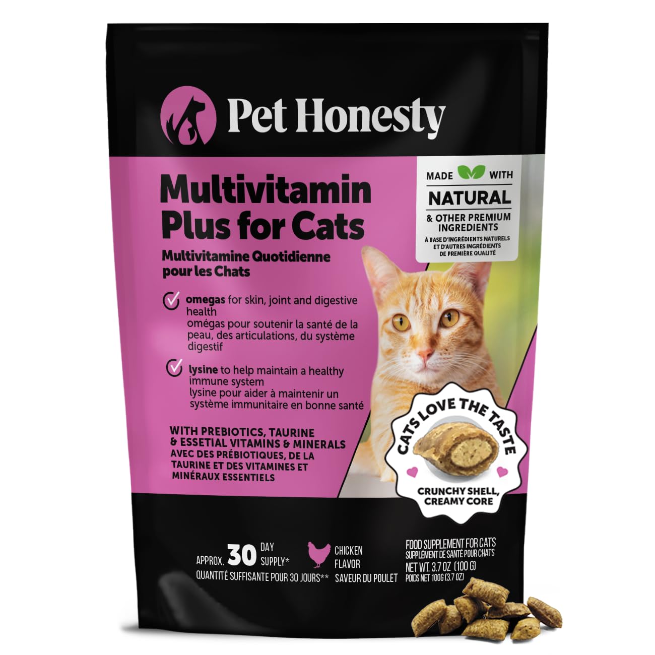 Cat Multivitamin Chews – Crunchy & Creamy Treats for Immune, Joint, Skin, Coat & Digestive Health with Omega-3, Lysine & Probiotics