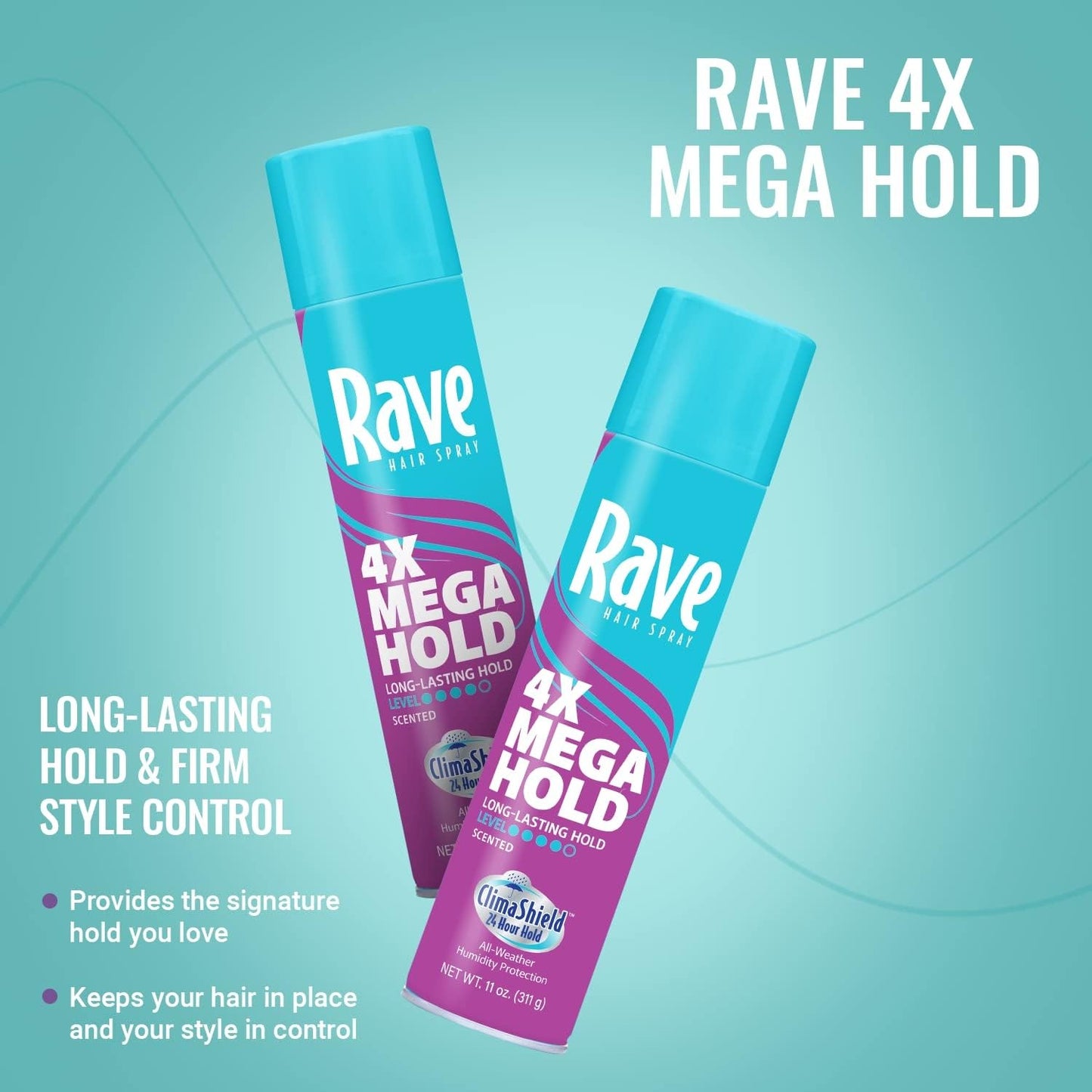 Rave 4X Mega Long-Lasting Firm Hold Scented Hair Spray for Heat Protection, Volume and Shine - ClimaShield for Extra Humidity & Minimizes Frizz - 2 pc