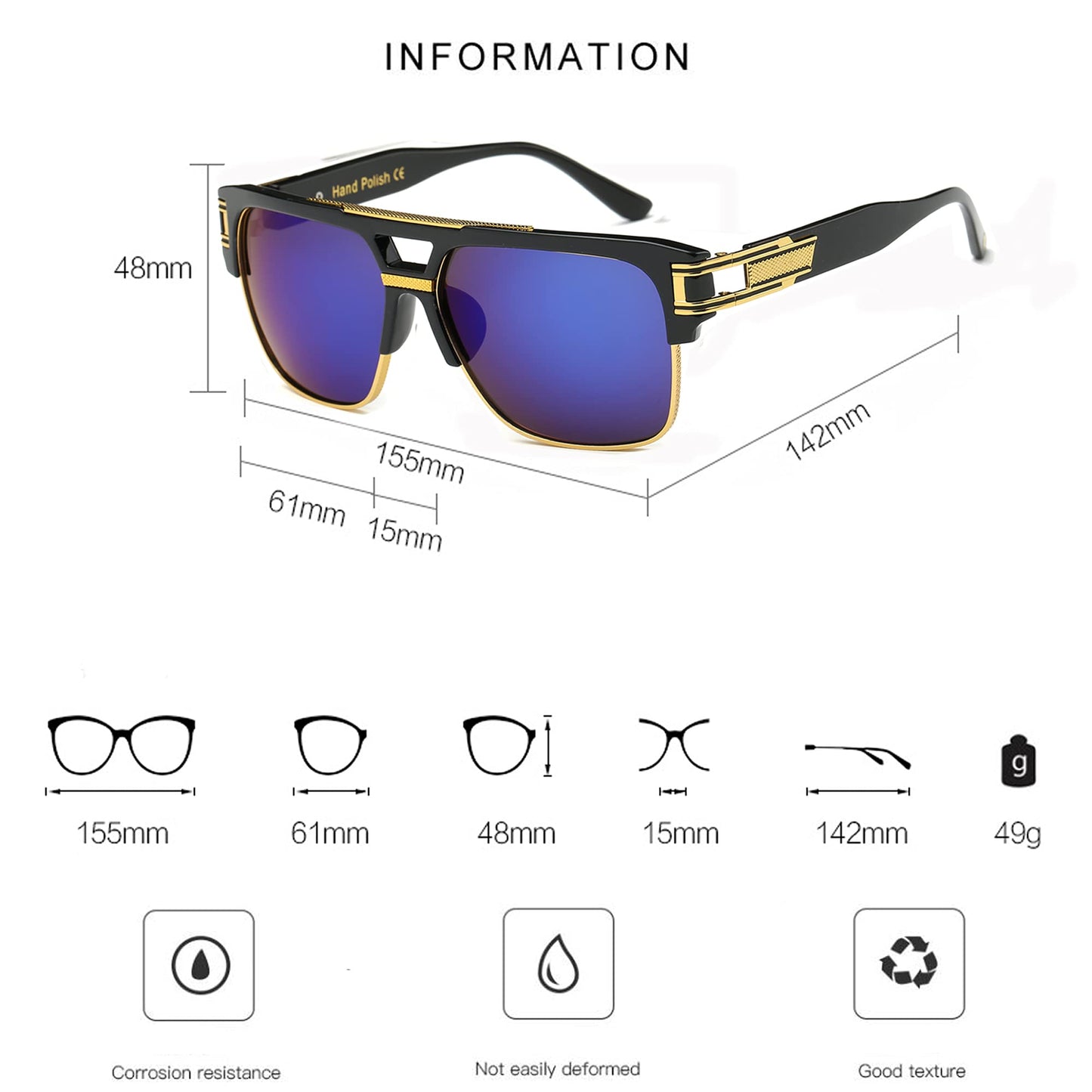 Allt Square Aviator Large Fashion Sunglasses For Men Women Goggle Alloy Frame Glasses (Black/Blue Mirror, 61)