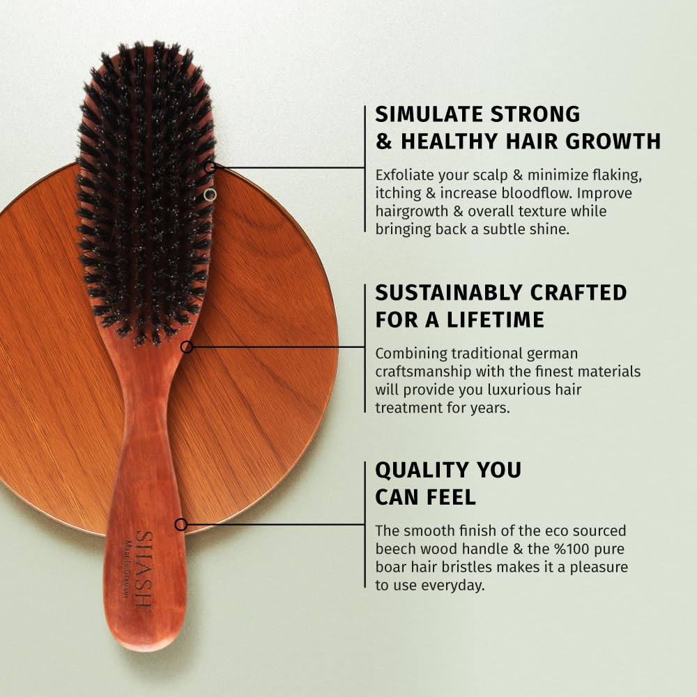 SHASH Classic German First Cut 100% Boar Bristle Hair Brush Since 1869 - Conditions Hair, Improves Texture, Exfoliates Scalp, Fine to Normal not
