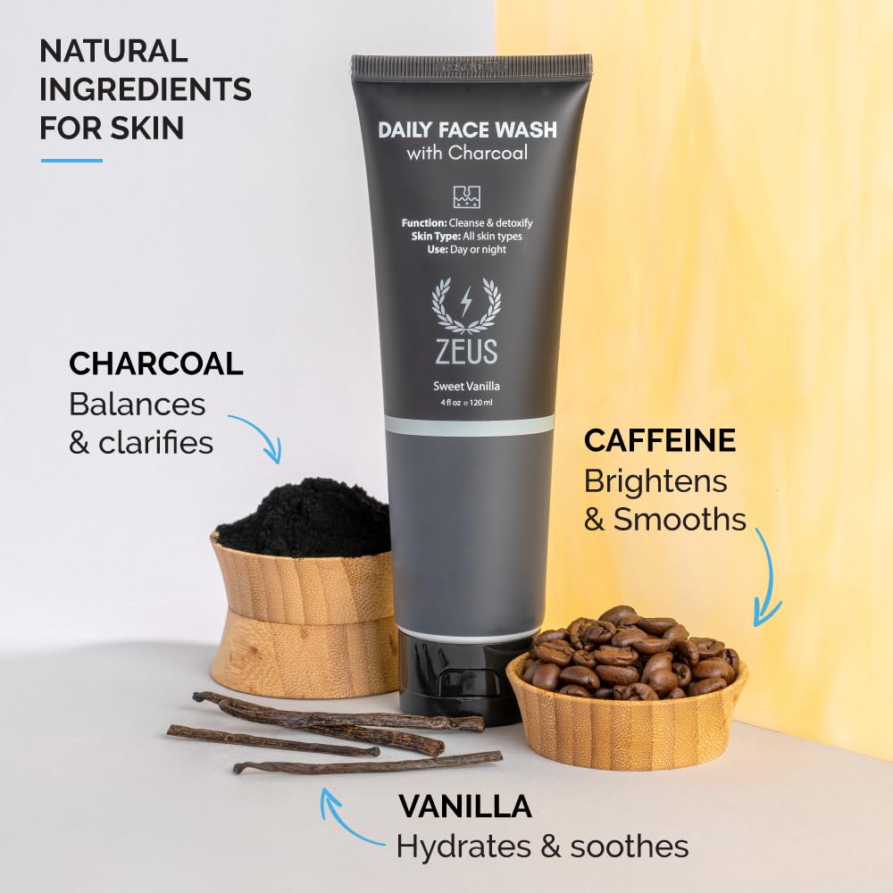 ZEUS Charcoal Face Wash for Men | Daily Facial Cleanser for Oily Skin, Blackhead Removal, & Deep Pore Cleansing | Detoxifying & Exfoliating | Made