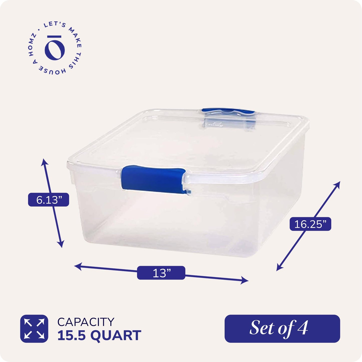 HOMZ Secure Latch, Clear Plastic Storage Organizer Bins, 31 Quart (4-Pack) & 15.5 Quart (4-Pack), Blue Latches - Stackable Organizing Containers…