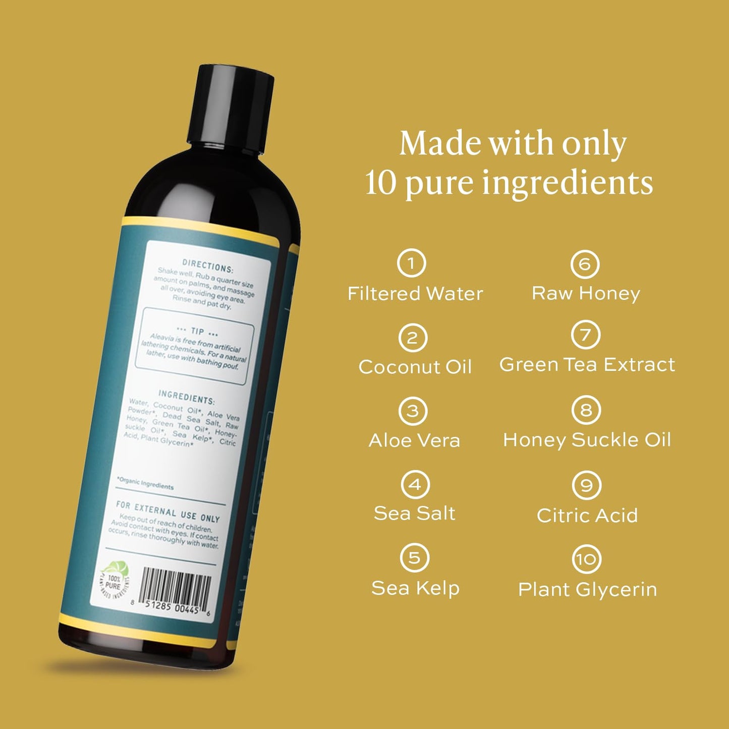 Aleavia Body Cleanse - Organic & All-Natural Prebiotic Body Wash with Raw Honey - Green Tea Honeysuckle Scent - 16 Oz.