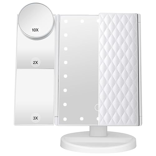 DenCert Makeup Mirror Vanity Mirror with Lights 1X 2X 3X 10X Magnification, Lighted Makeup Mirror, Touch Control, Tri-Fold Portable LED Makeup Vanity