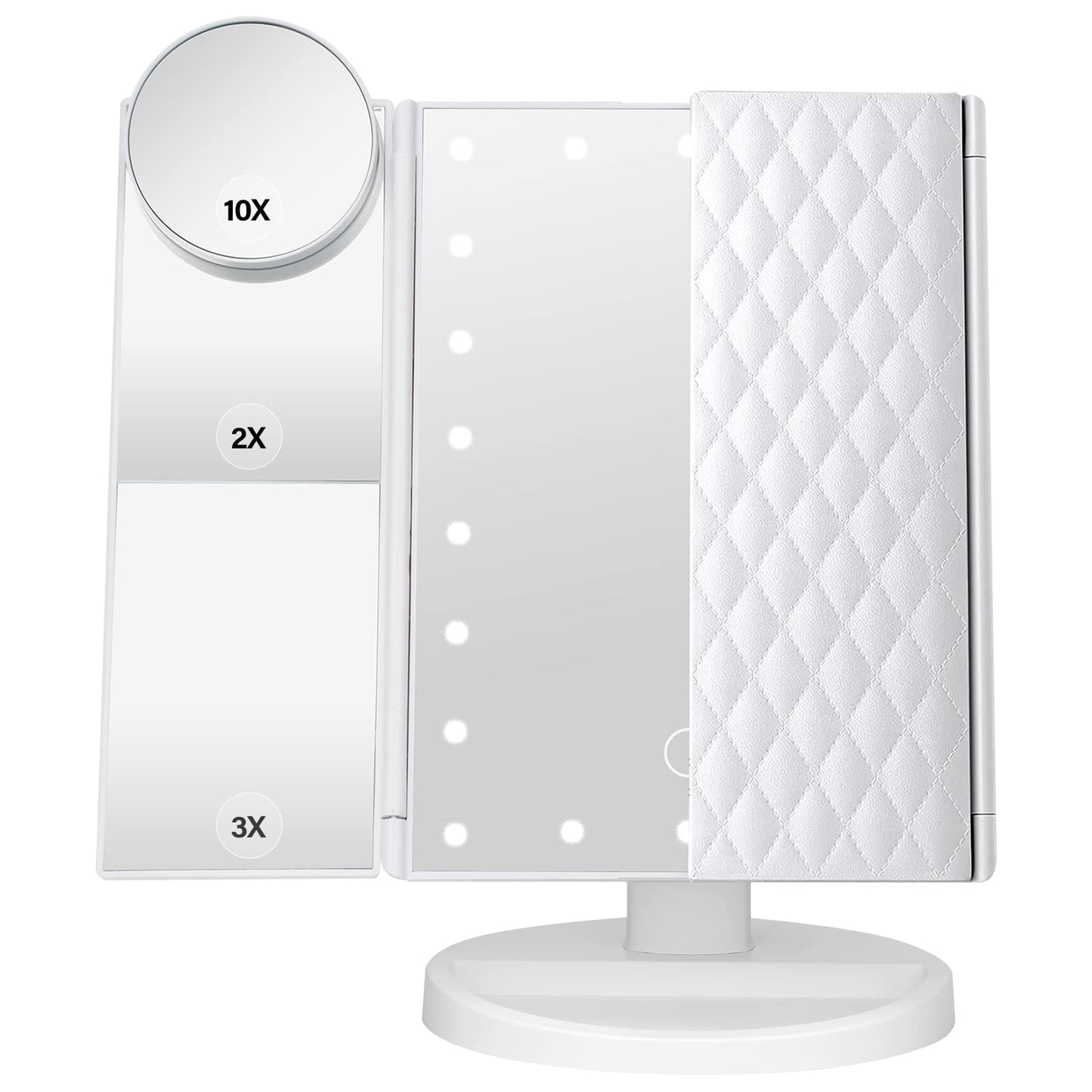 DenCert Makeup Mirror Vanity Mirror with Lights 1X 2X 3X 10X Magnification, Lighted Makeup Mirror, Touch Control, Tri-Fold Portable LED Makeup Vanity