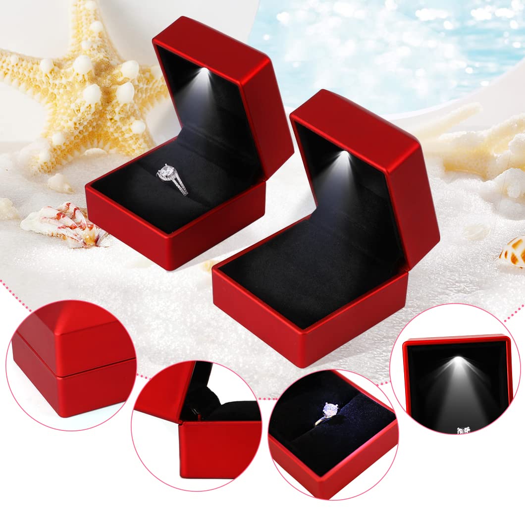 Rolin Roly 2PCS Red Ring Box with LED Light Square Jewelry Ring Case Jewellry Display Gift Boxes for Wedding Ring Box Ceremony Engagement Proposal…