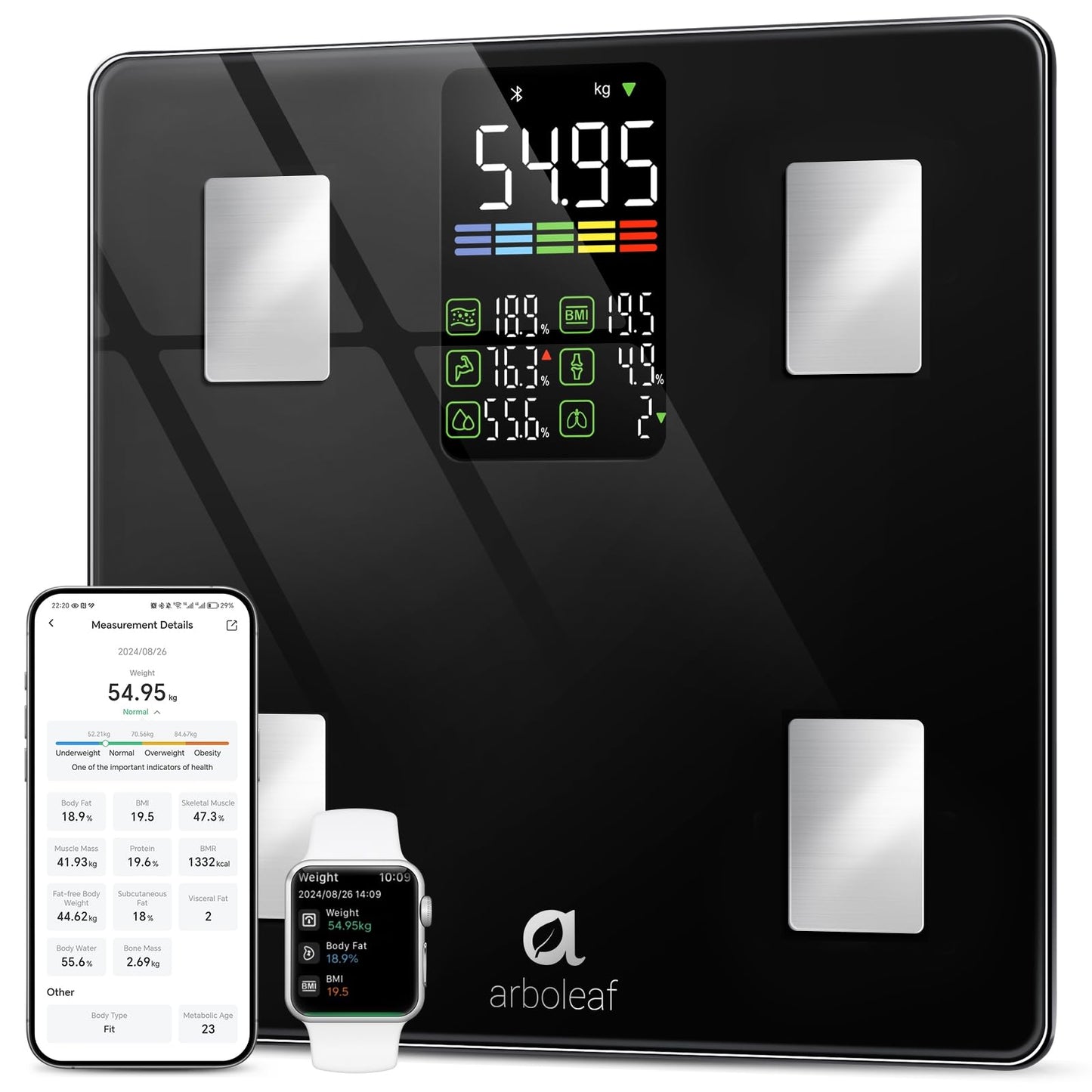 Arboleaf Smart Scale with BMI, Body Fat, Muscle Mass, 14 Composition Metrics, Large LED Display, Digital Bathroom Scale for Weight, Accurate Weighing…