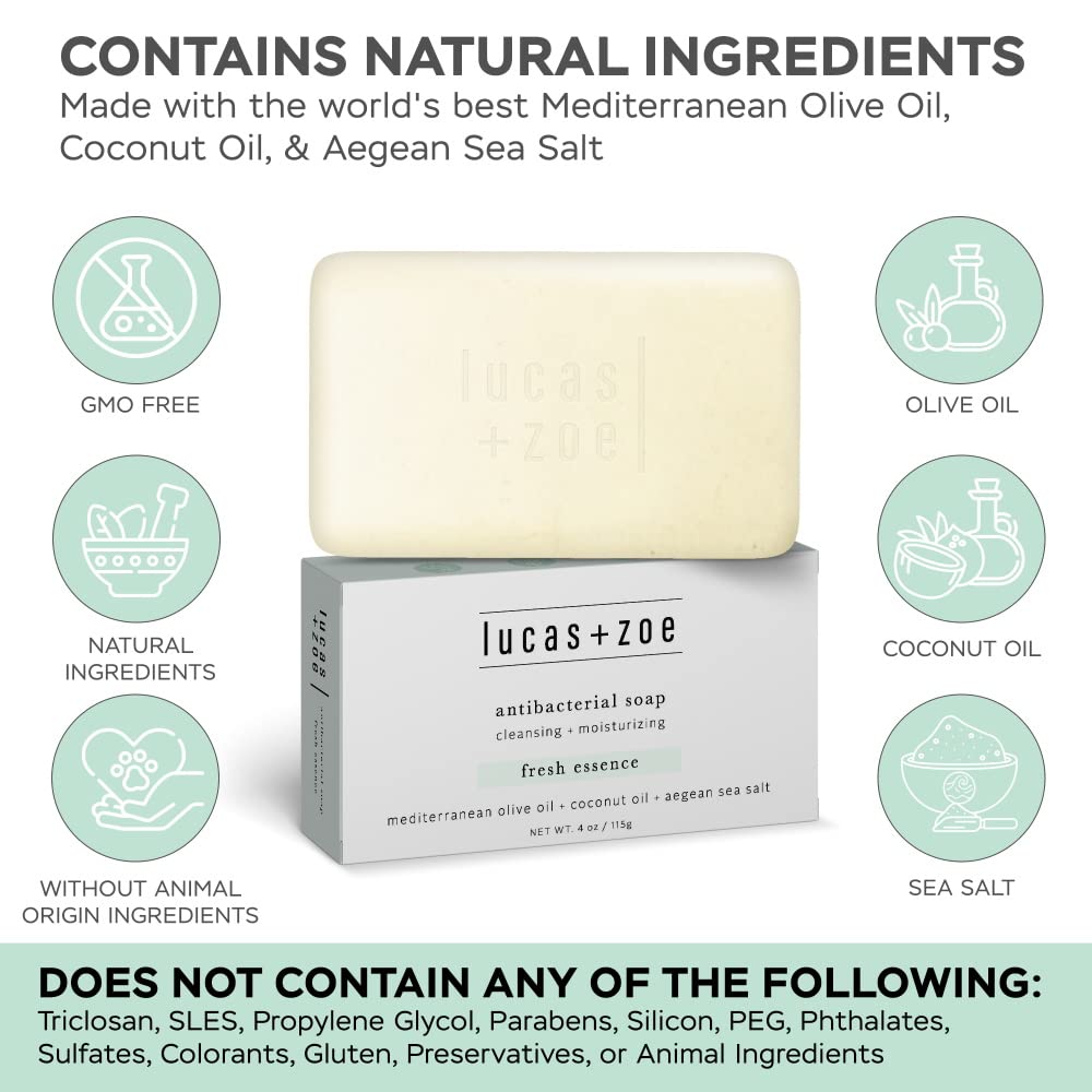 Lucas + Zoe Fresh Essence Antiseptic Bar Soap - 4 Ounce Moisturizing Body Soap Bar Made With Natural Ingredients Like Mediterranean Olive Oil, Coconut