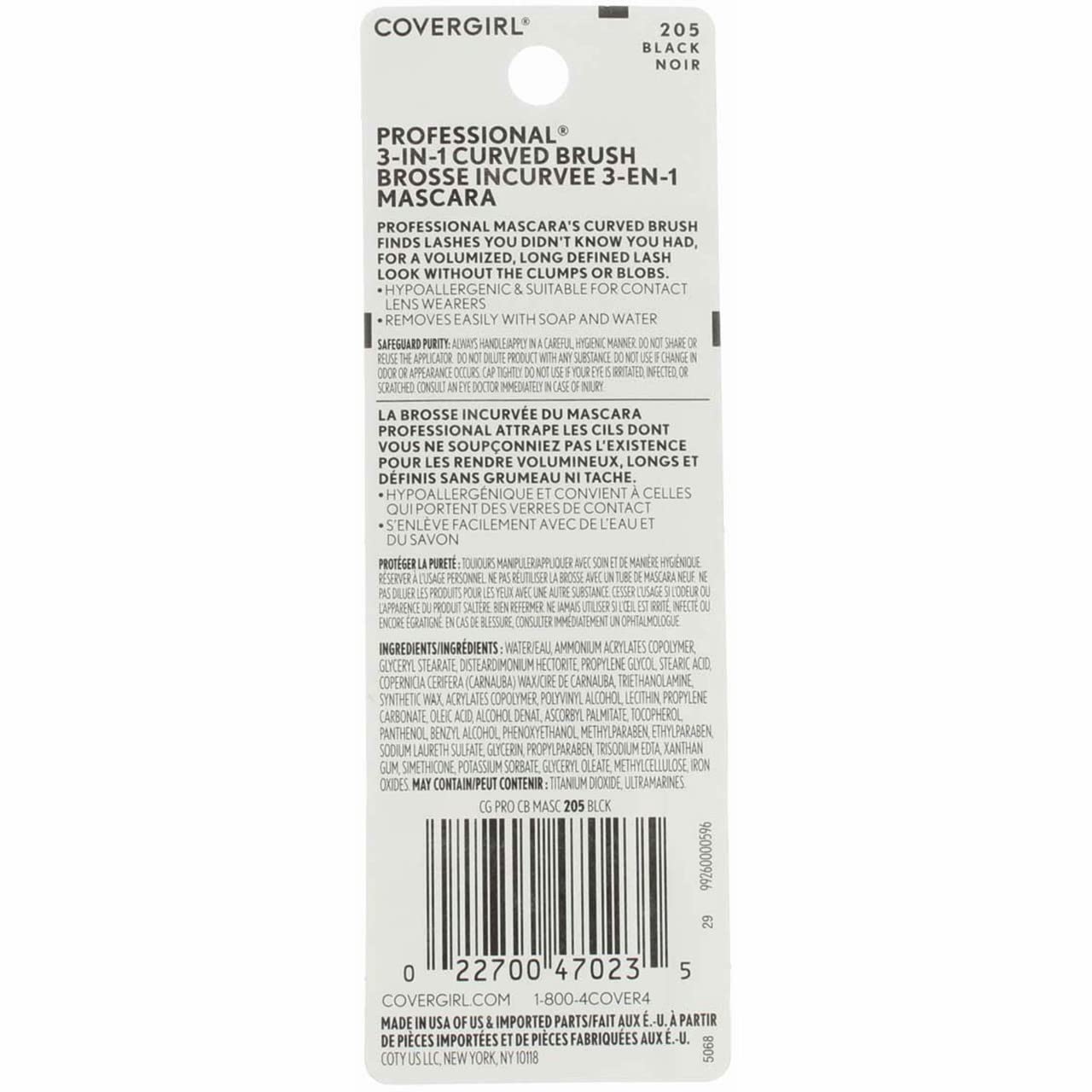 CoverGirl Professional 3 in 1 Curved Brush Black 205 Mascara -- 3 per case.