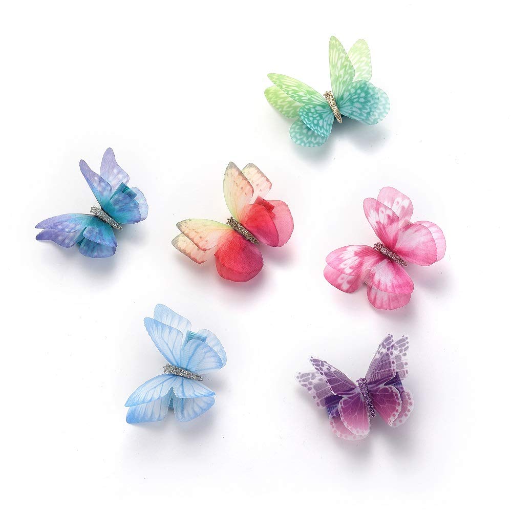 Liasun 6Pcs/pack 3D Colorful Organza Butterfly Hair Clips - Chiffon Fairy Wings - Ribbon Wrapped Clips 0.4Inch Barrettes Hair Accessories