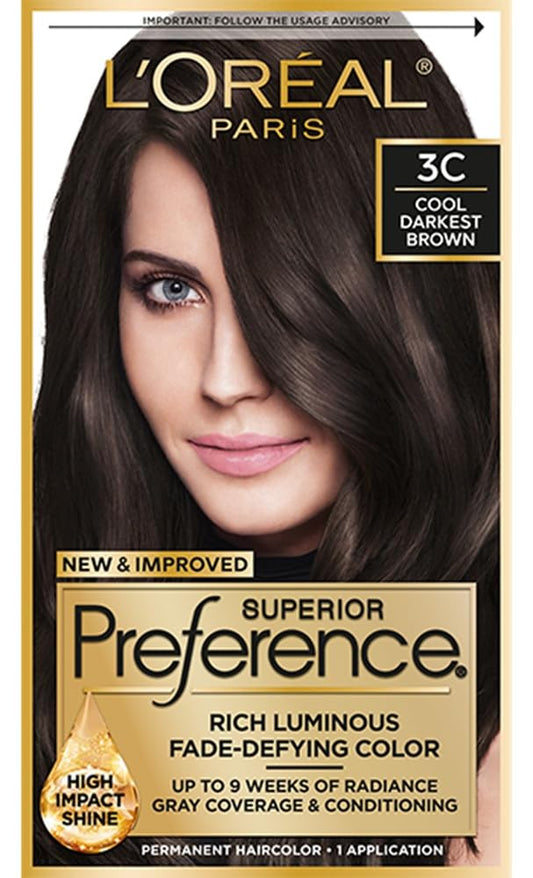L'Oreal Paris Superior Preference Luminous Fade-Defying Permanent Hair Color, Hair Dye For Up to 9 Weeks of Radiance, Cool Darkest Brown 3C, 1 Hair
