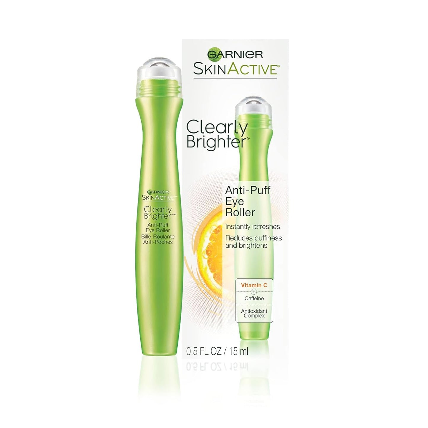 Garnier Clearly Brighter Anti-Puff Eye Roller, Dark Circles Under Eye Treatment with Caffeine and Vitamin C, 0.5 Fl Oz (15mL), 1 Count (Packaging May