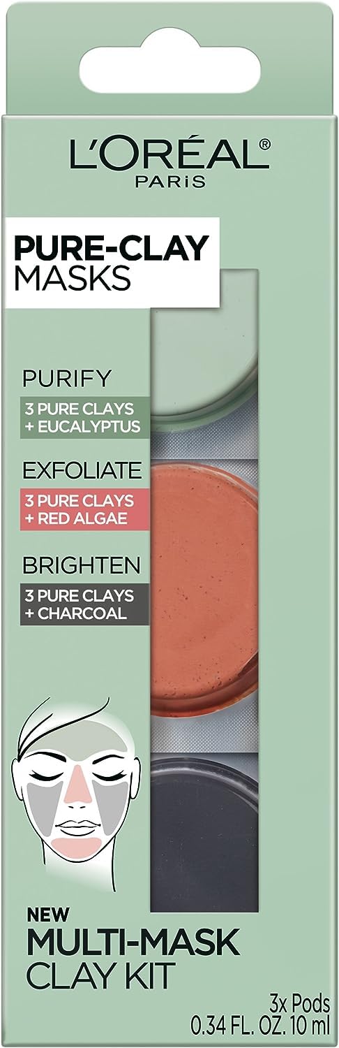 L'Oréal Paris Skincare Pure-Clay Face Mask Trial Size Set, Includes 3 Different Face Masks Made With Charcoal, Red Algae and Eucalyptus, Set