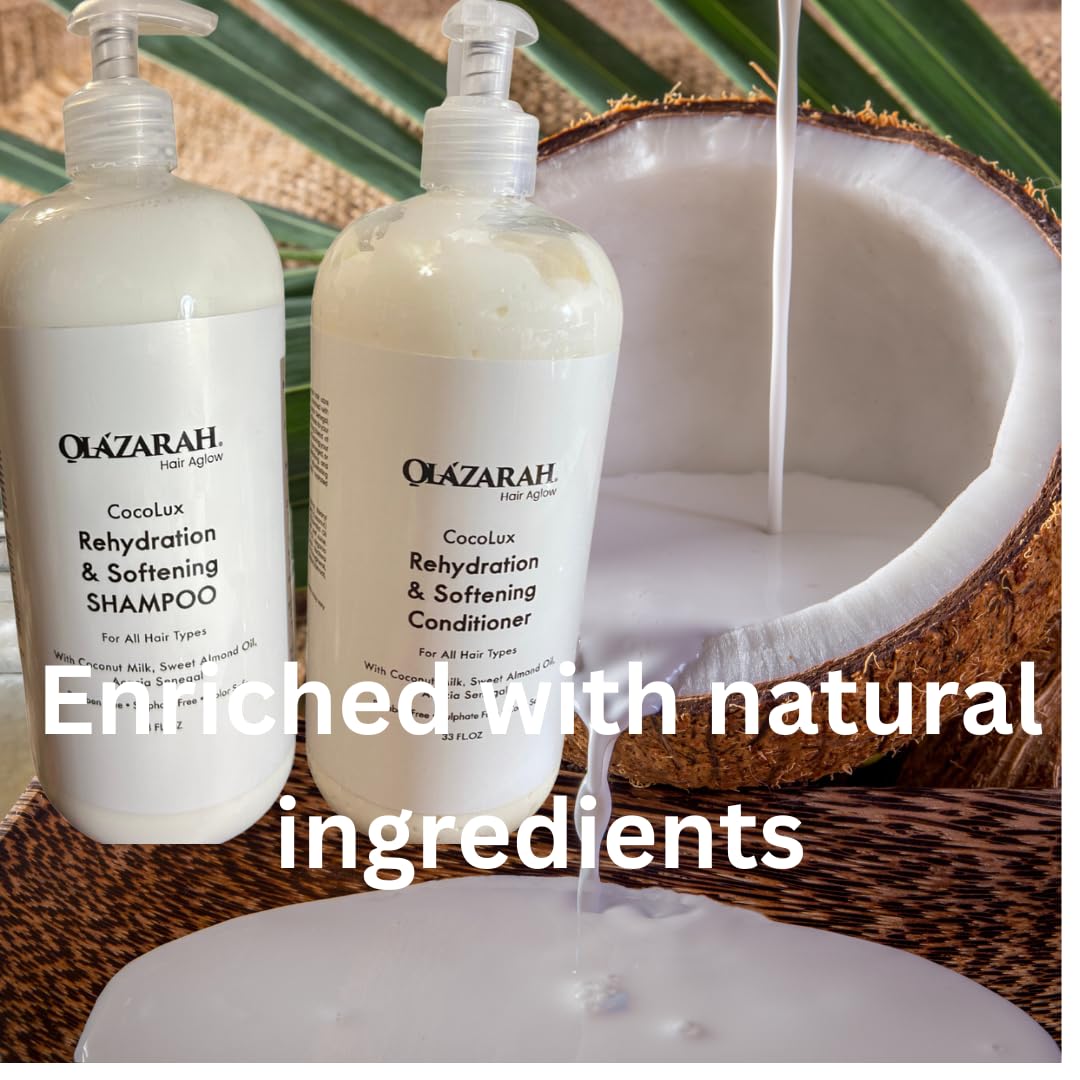 OLAZARAH Cocolux Rehydration Shampoo & Conditioner Set - 33 Fl Oz Each - Enriched with Coconut Milk & Sweet Almond Oil - Moisturizing Formula