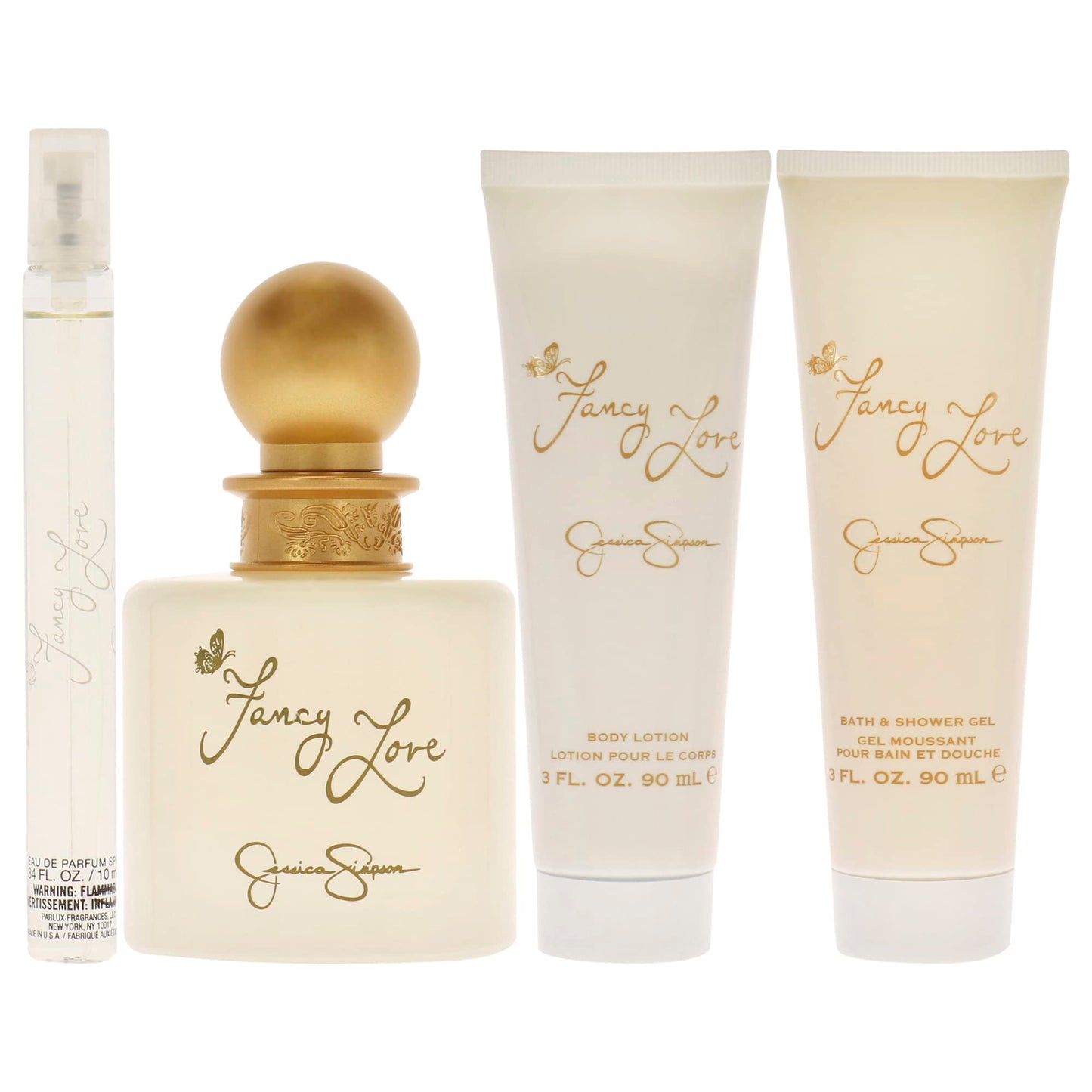 Fancy Love by Jessica Simpson for Women - 4 Pc Gift Set 3.4oz EDP Spray, 0.34oz EDP Mini Spray, 3oz Body Lotion, 3oz Bath & Shower Crème
