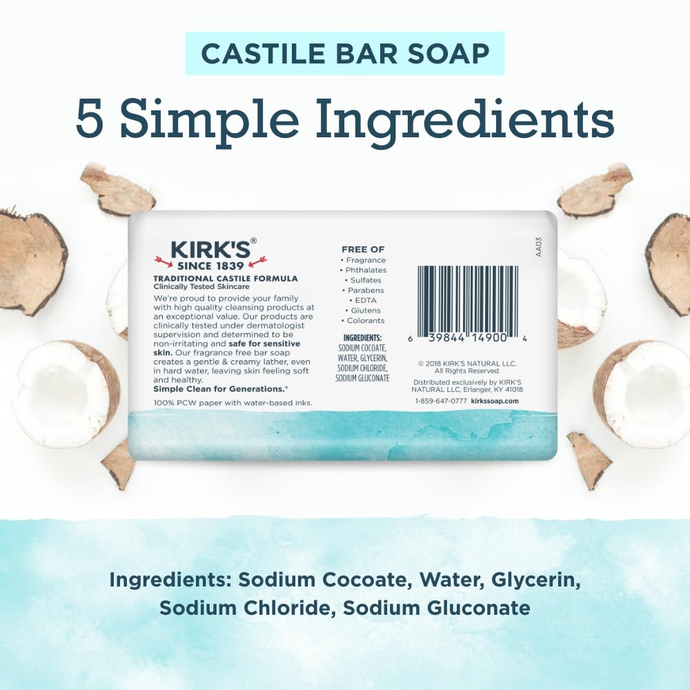 Kirk's Castile Bar Soap for Men, Women & Children - Made with Premium Coconut Oil, Sensitive Skin Formula, Vegan, Non GMO, Fragrance Free, 4 oz. Bars