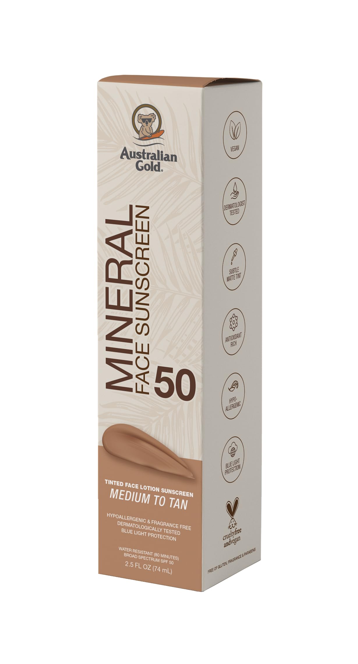 Australian Gold SPF 50 Tinted Mineral Face Sunscreen, Medium to Tan, 2.5 fl oz, Broad Spectrum, Non-Greasy BB Cream with Blue Light & Sun Protection Beauty and Personal Care Australian Gold